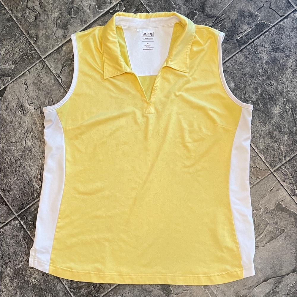 ADIDAS Golf Polo Top Women’s Yellow & White Sleeveless ClimaCool Sportsy Outdoor